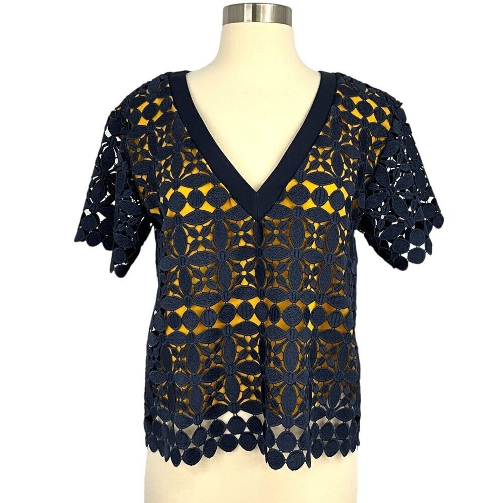 Max Mara Max & Co Size 6 Blouse Broderie Anglaise Navy Gold Short Sleeve V Neck